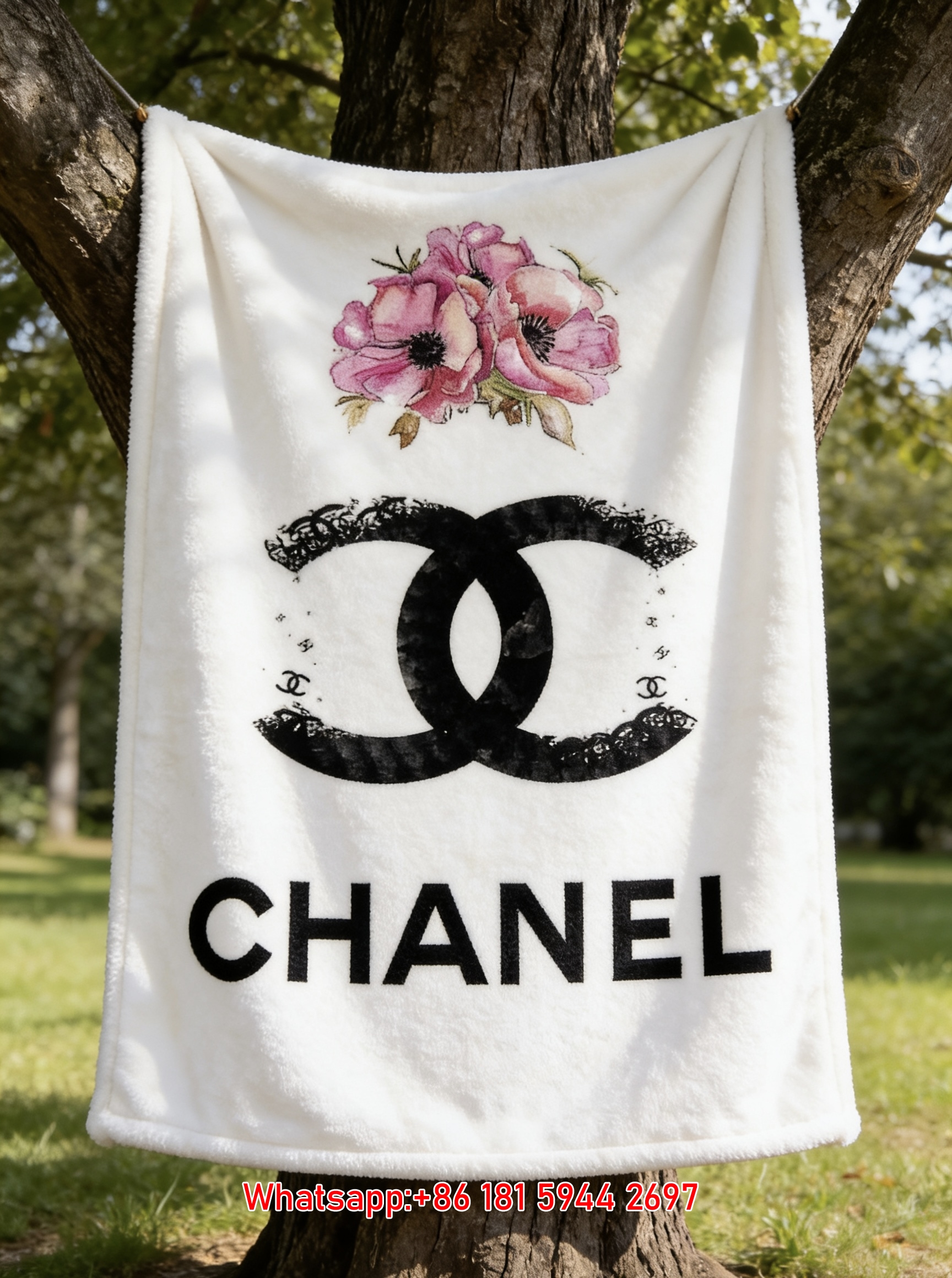 Chanel Pink Floral Watercolor Flannel Throw Blanket IMG_6688